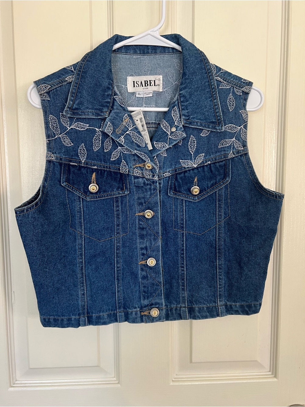 Isabel USA Embroidered Leaf Denim Vest Blue Jean Button Front Size Large - Picture 4 of 8